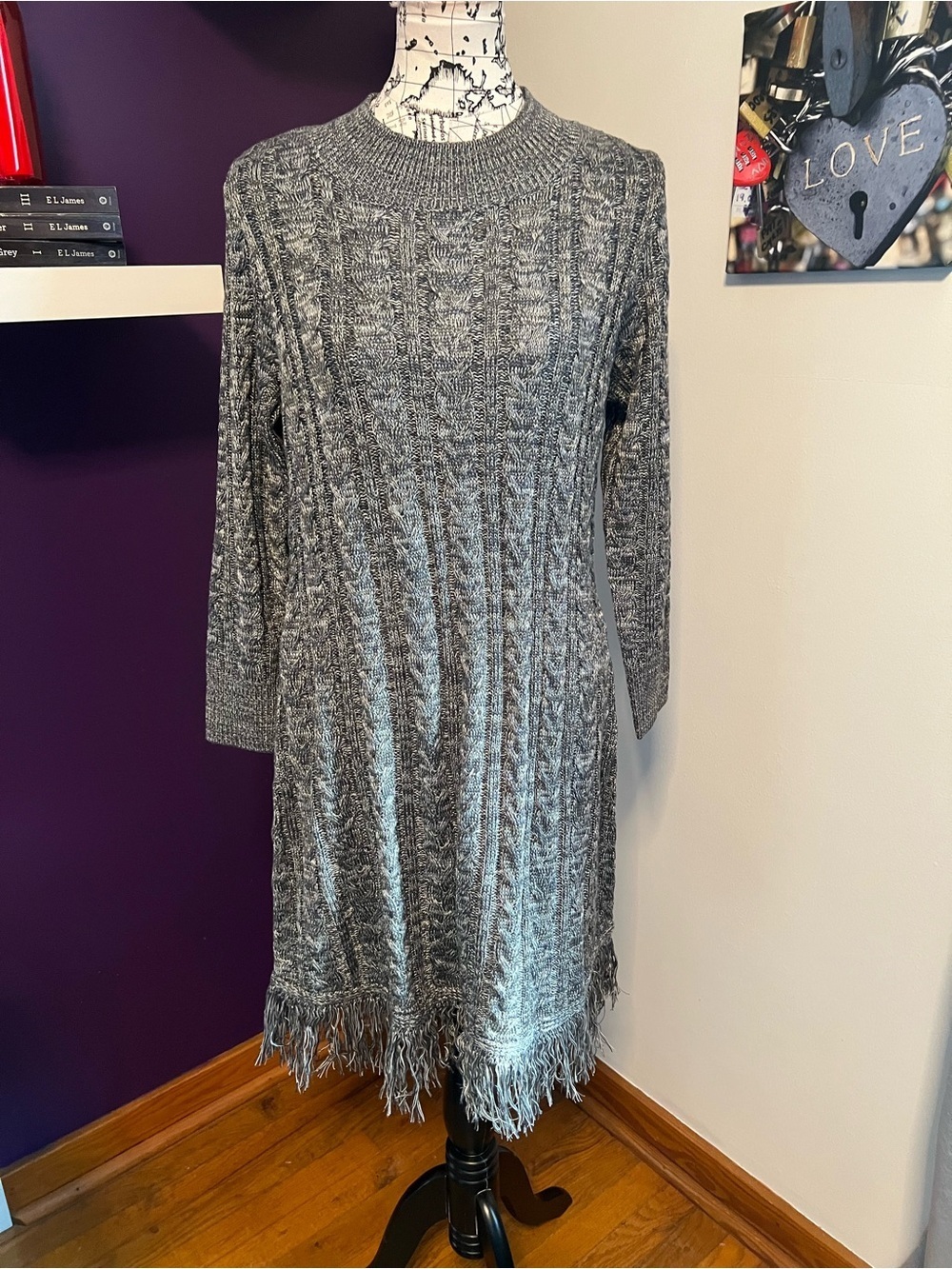 Soft Surroundings Gray Cable-Knit Long-Sleeve Fringe Hem Dress NWT